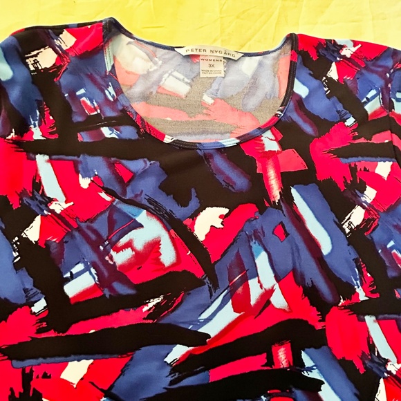 TOP, STRETCH, RED/BLUE/BLACK/WHITE/LT BLUE COMBO, SIZE 3X, ¾ SLEEVES, CREW NECK, - Picture 7 of 10